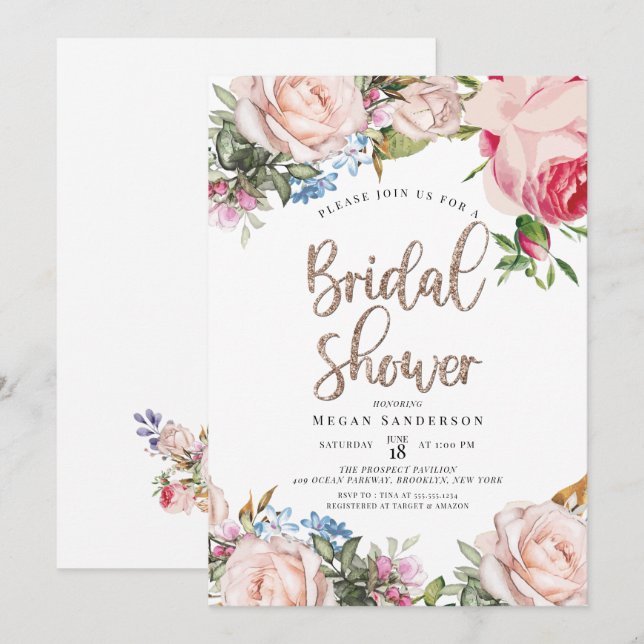 Gold and Floral Bridal Brunch Invitation (Front/Back)