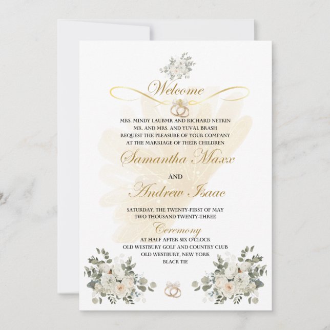 Gold and floral peach  Formal Wedding Invitation  (Front)