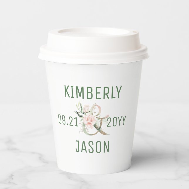 Gold and flowers an ampersand wedding couples name paper cups (Front)