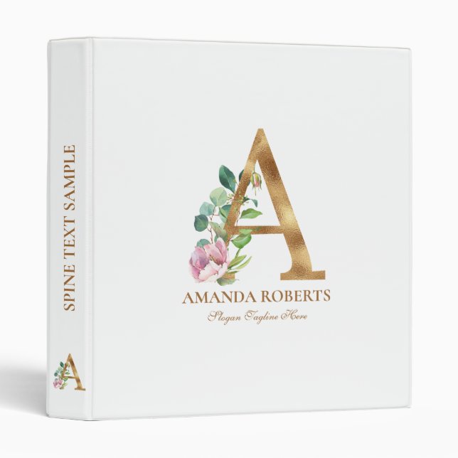 Gold and flowers lettering Monogram A 3 Ring Binder (Front/Spine)