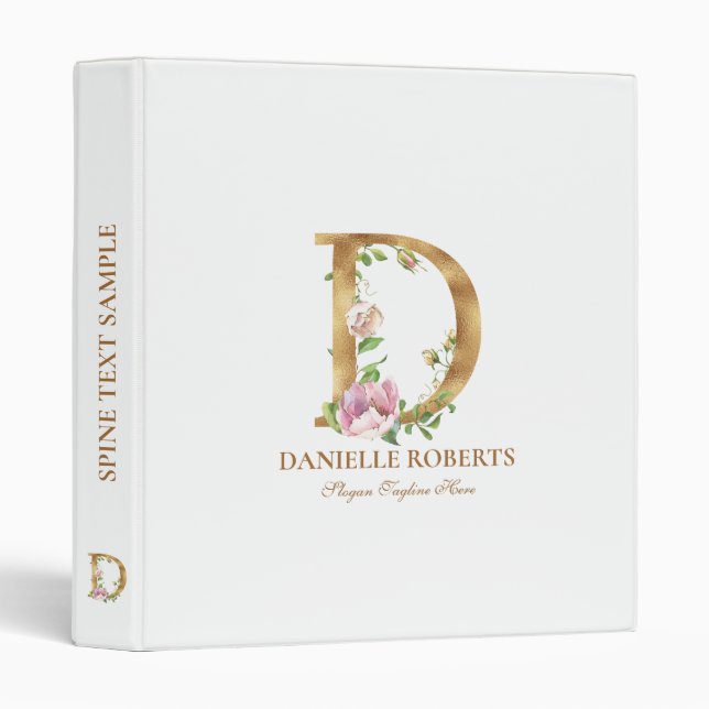 Gold and flowers lettering Monogram D 3 Ring Binder (Front/Spine)