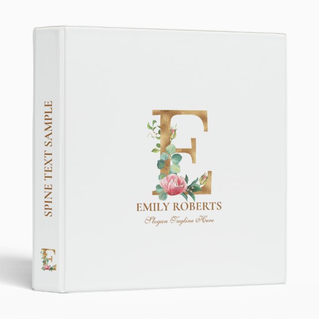 Gold and flowers lettering Monogram E 3 Ring Binder (Front/Spine)