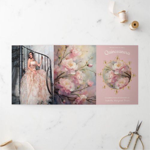 Gold and Flowers Quinceanera Tri_Fold Invitation