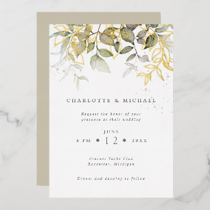 Gold and foliage watercolor leaves wedding foil invitation