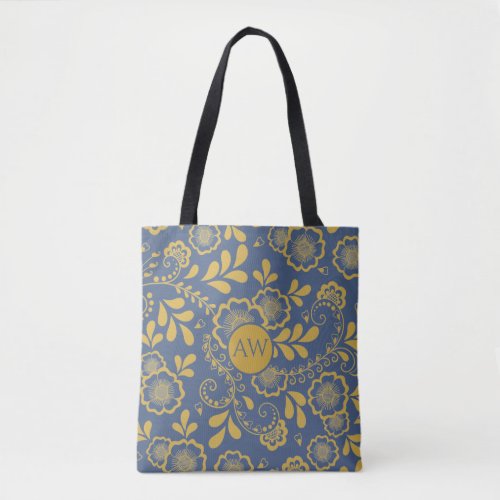 Gold and French Blue Victorian Lace Monogram Tote Bag