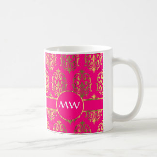 Gold and fuchsia pink damask pattern coffee mug
