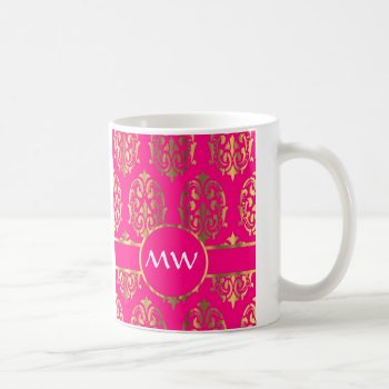 Gold And Fuchsia Pink Damask Pattern Coffee Mug by monogramgiftz at Zazzle