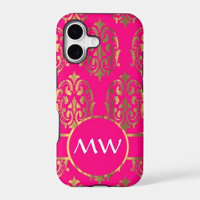 Gold and fuchsia pink damask pattern iphone case (Back)