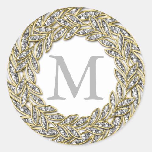 Gold and Gem Flora Wreath Design Monogram Initial Classic Round Sticker