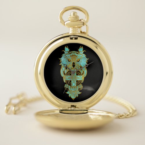 Gold and glass owl with celtic cross pocket watch