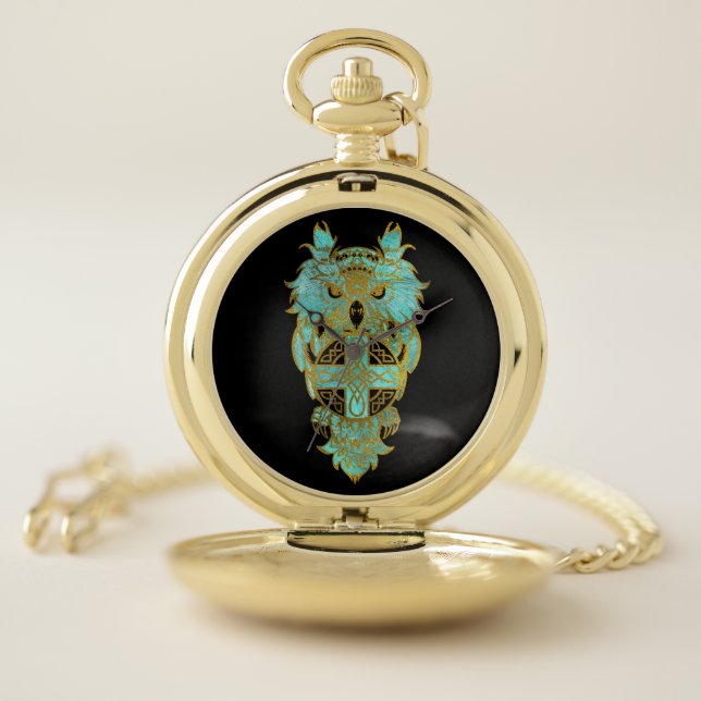 Gold and glass owl with celtic cross pocket watch (Inside)