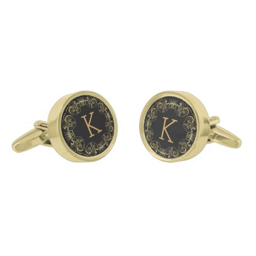 Gold And Glitter Floral Circle Frame Cufflinks