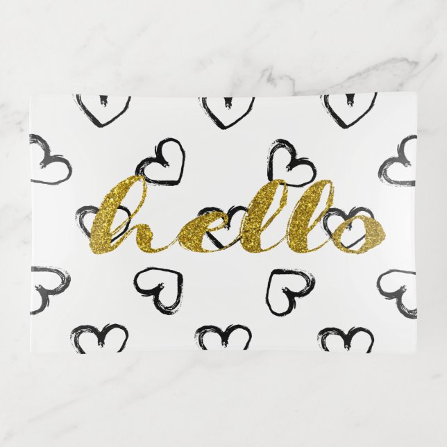 Gold and Glitter Hello Script Doodle Heart Trinket Tray (Front)