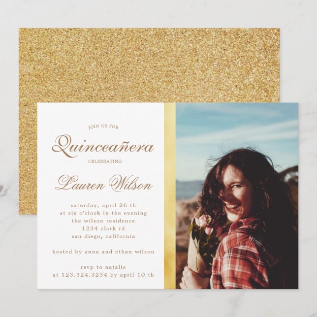 Gold and glitter Quinceanera Photo Invitation (Front/Back)