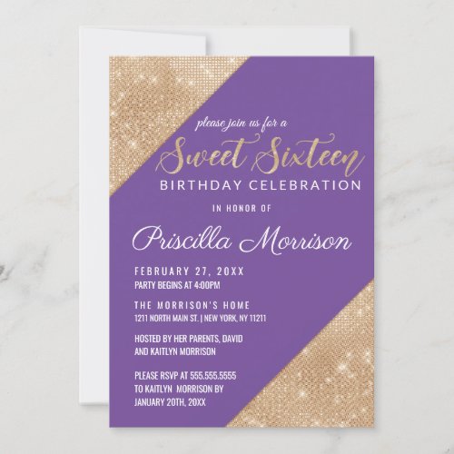 Gold and Grape Purple Faux Glitter Sequin Sweet 16 Invitation