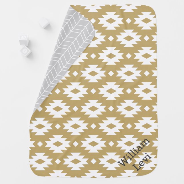 Gold and Gray Aztec Monogram Stroller Blanket (In Situ)