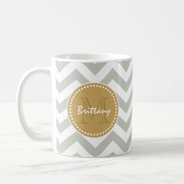 Gold and Gray Classic Chevron & Custom Monogram Coffee Mug (Left)