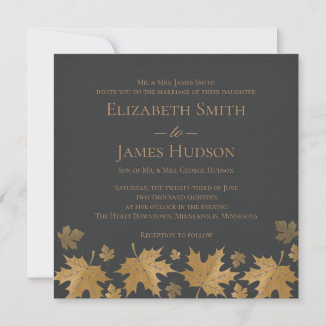 Gold and Gray Fall Leaves Wedding Invitation (Front)