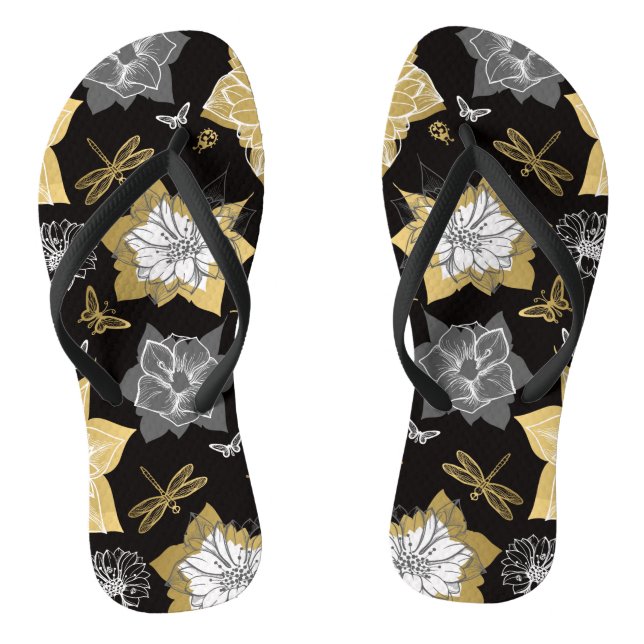 Gold And Gray Flowers Flip Flops (Footbed)