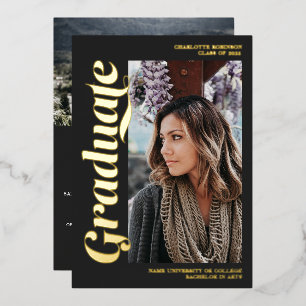 Gold and gray graduate script 3 photos graduation foil invitation