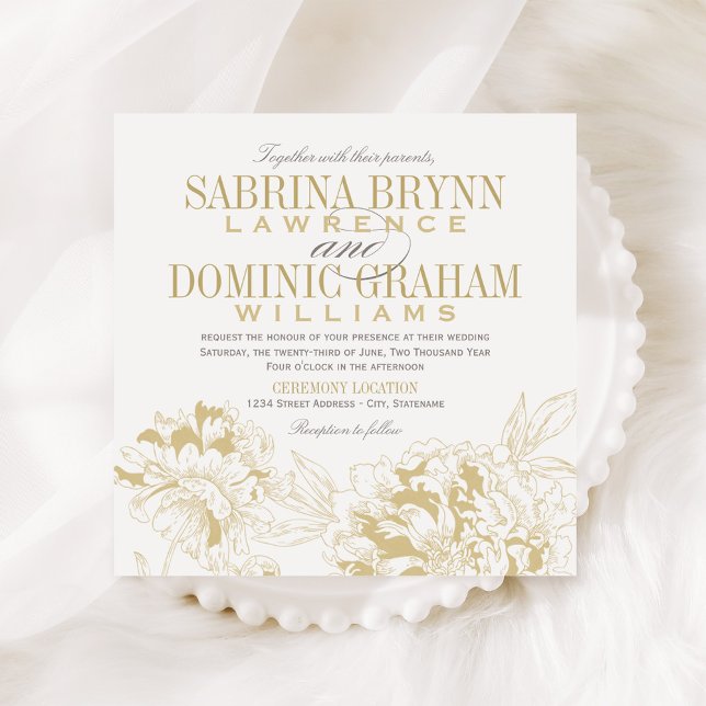 Gold and Gray Peony Wedding Invitation (Creator Uploaded)
