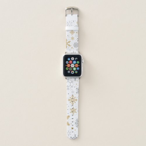 Gold and Gray Snowflakes in White Background Apple Watch Band