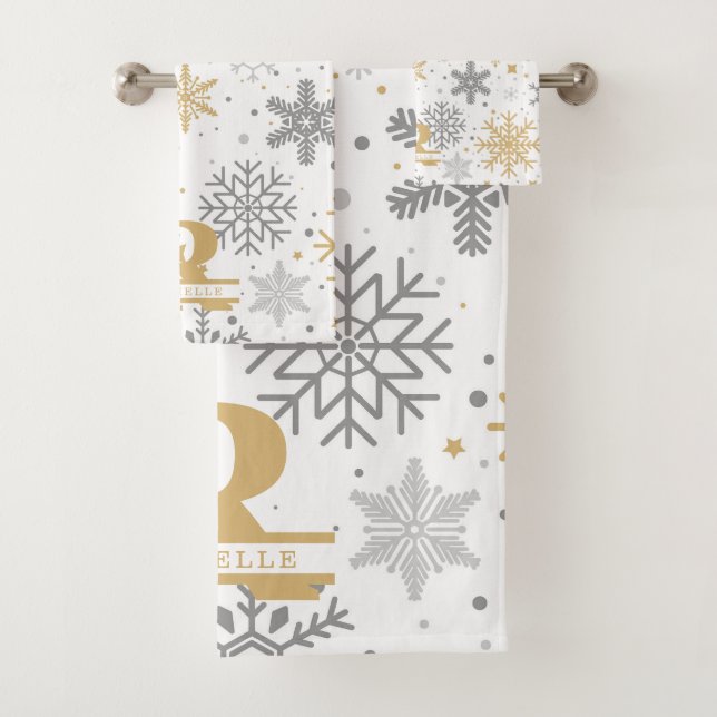 Gold and Gray Snowflakes in White Background Bath Towel Set (Insitu)