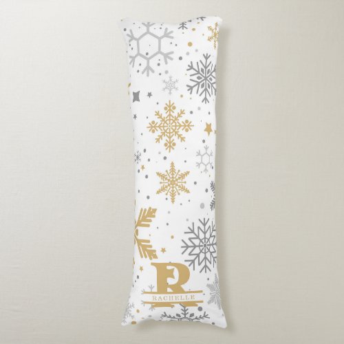 Gold and Gray Snowflakes in White Background Body Pillow