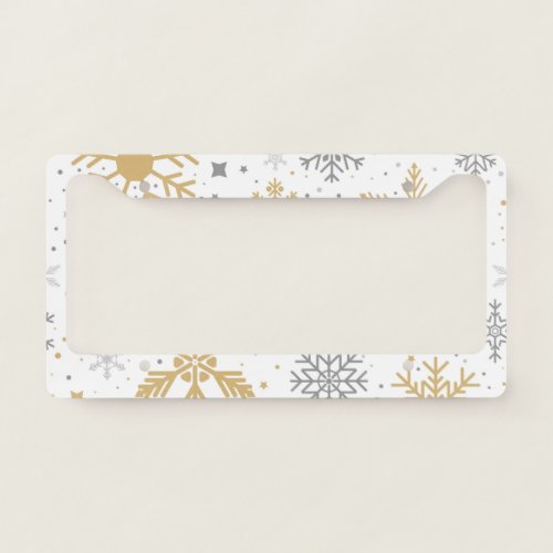 Gold and Gray Snowflakes in White Background License Plate Frame