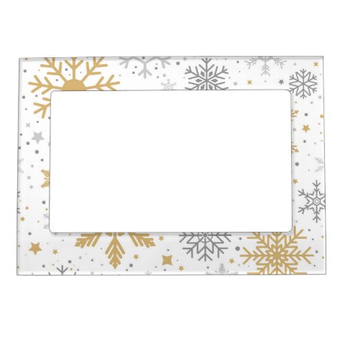 Gold and Gray Snowflakes in White Background Magnetic Frame