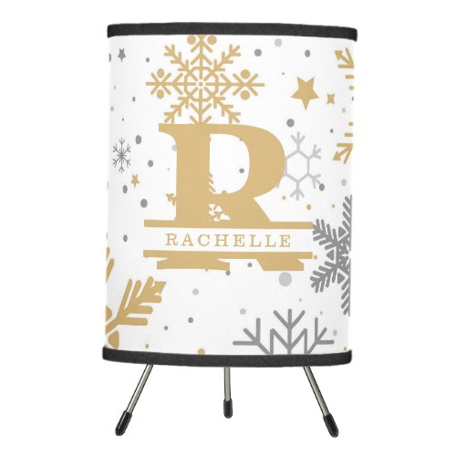 Gold and Gray Snowflakes in White Background Tripod Lamp