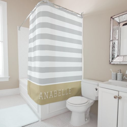 Gold and Gray Stripes Monogram  Editable Colors Shower Curtain