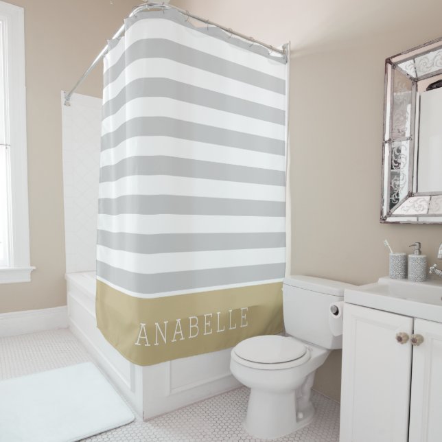 Gold and Gray Stripes Monogram | Editable Colors Shower Curtain (In Situ)