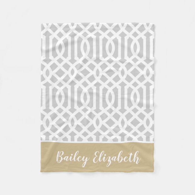Gold and Gray Trellis Monogram | Editable Colors Fleece Blanket (Front)