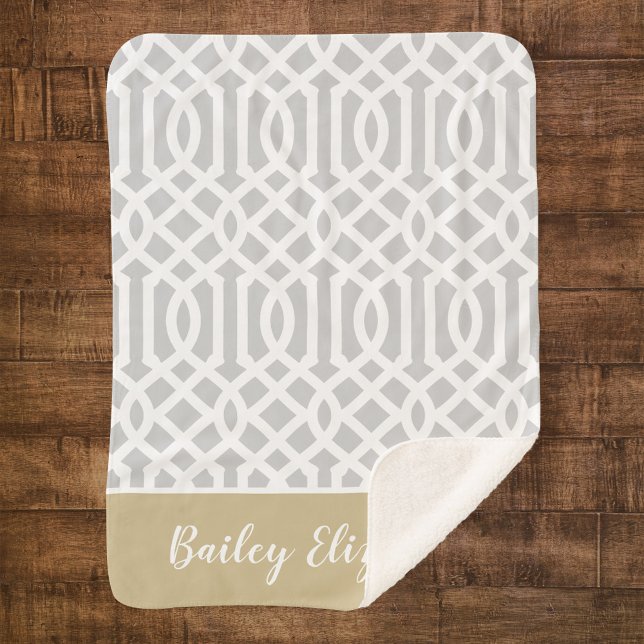 Gold and Gray Trellis Monogram | Editable Colors Sherpa Blanket (Creator Uploaded)