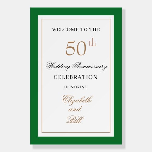 Gold and Green 50th Wedding Anniversary Welcome Foam Board