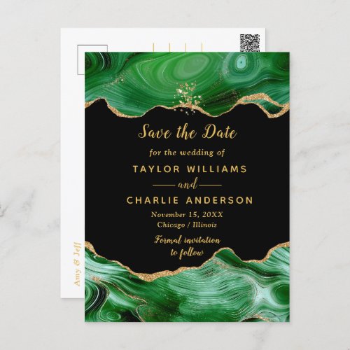 Gold and Green Agate Wedding Save The Date Postcard