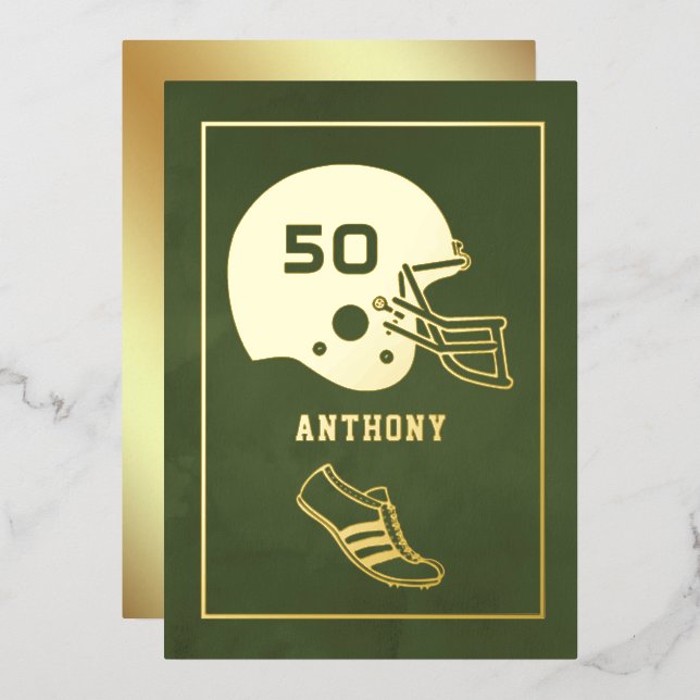 Gold and Green American Football Birthday Foil Invitation (Front/Back)