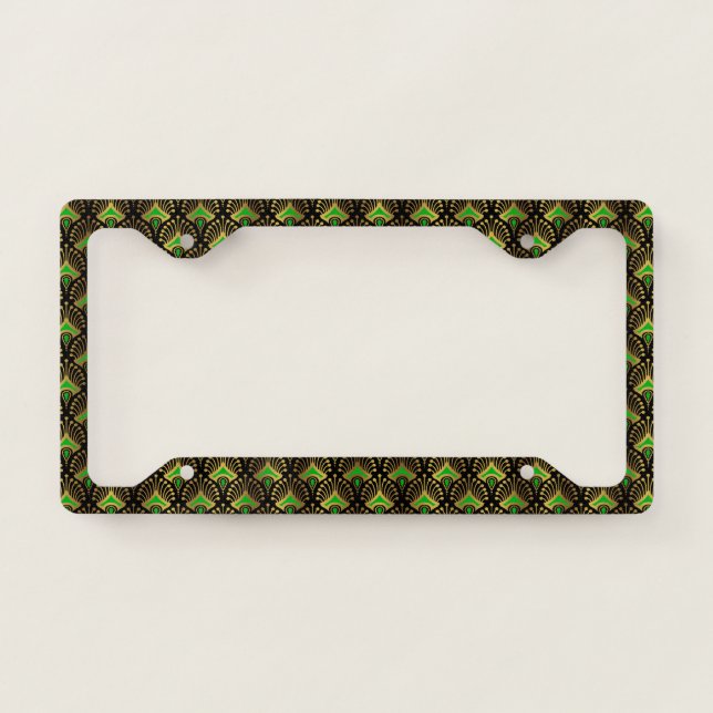 Gold and green art-deco geometric pattern license plate frame (Front)