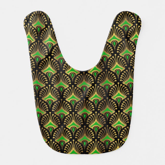 Gold and Green Art Deco Pattern Baby Bib (Front)