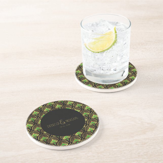 Gold and green Art Deco pattern Coaster (Side)