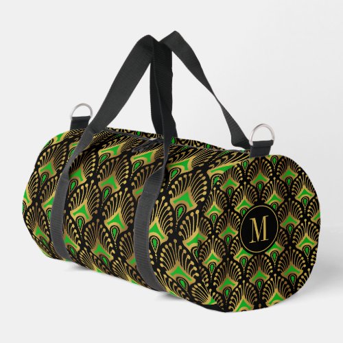 Gold and Green Art Deco Pattern Monogram Duffle Bag