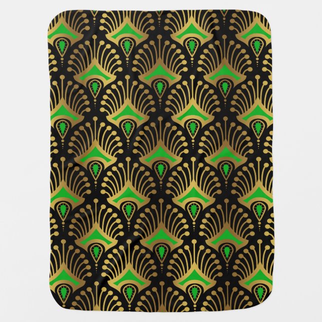 Gold and green Art Deco pattern on black Baby Blanket (Front)