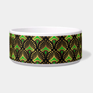 Gold and green Art Deco pattern on black Bowl