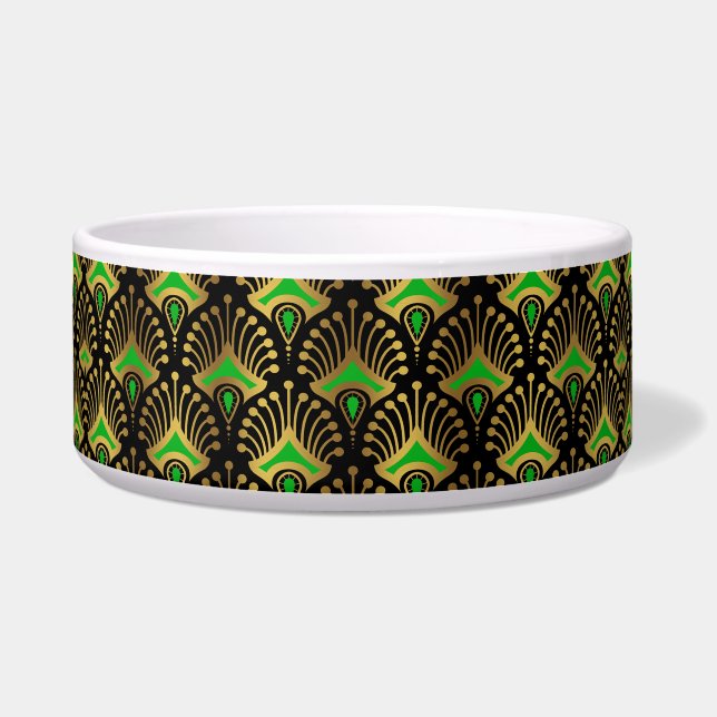 Gold and green Art Deco pattern on black Bowl (Front)