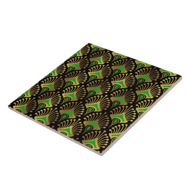 Gold and green Art Deco pattern on black Ceramic Tile (Side)