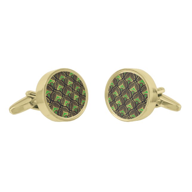 Gold and green Art Deco pattern on black Cufflinks (Angled)