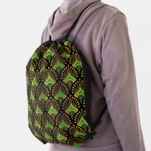 Gold and green Art Deco pattern on black Drawstring Bag