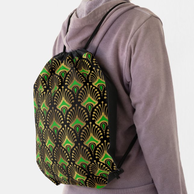 Gold and green Art Deco pattern on black Drawstring Bag (Insitu)