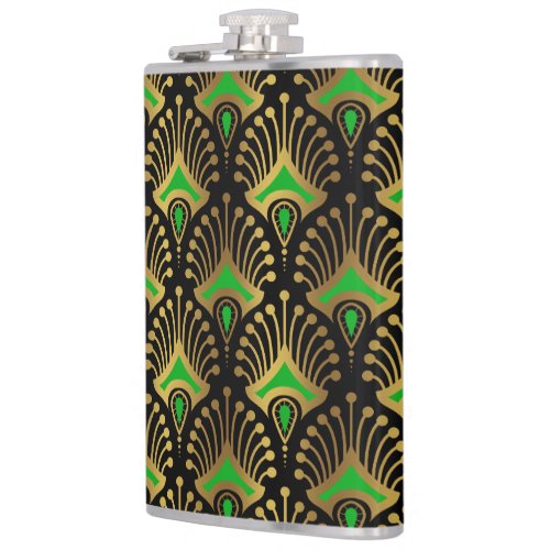 Gold and green Art Deco pattern on black Flask
